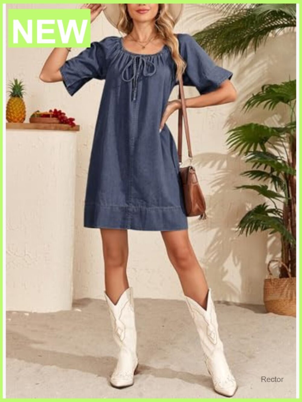 Lightweight Flowy Denim Dress Square Neck Short Sleeve Tie Knot Front - Picture 4 of 7